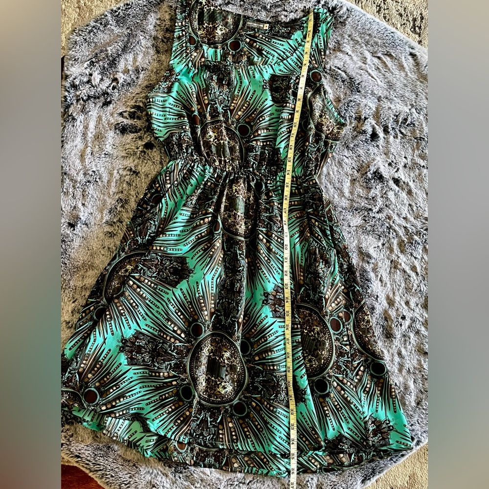 EUC Earthbound Trading Co. Teal & Feather Patterned Mini Dress Pockets Medium - Picture 12 of 14